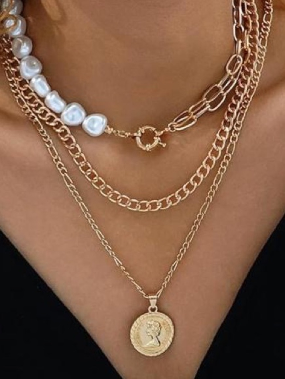 Anthropologie Gold and White Pearl Layered Coin Necklace